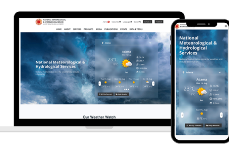 A mobile phone and laptop displaying the weather website.