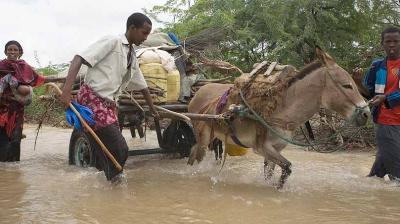 People and a donkey cart navigate through floodwater, carrying belongings. Trees and houses partially submerged in the background.