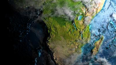 Satellite view of eastern and southern Africa, showing land, clouds, and part of Madagascar, surrounded by the Indian Ocean.