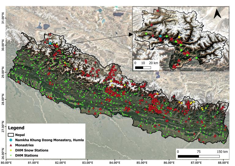 Map of Nepal showing locations of monasteries, snow stations, and DHM stations, with a zoomed-in inset of Humla region. Symbols and colors differentiate each type of site.