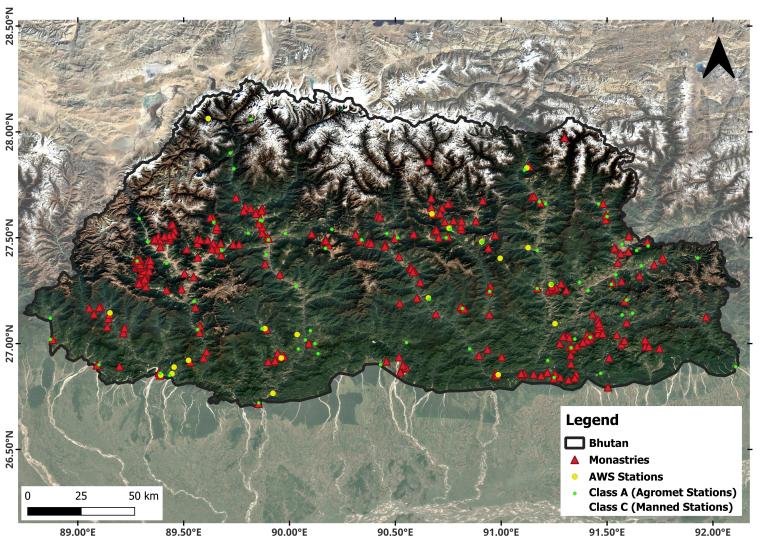 Map of Bhutan showing locations of monasteries, AWS stations, Class A (Agromet), and Class C (manned) stations, marked by colored symbols with a terrain background.
