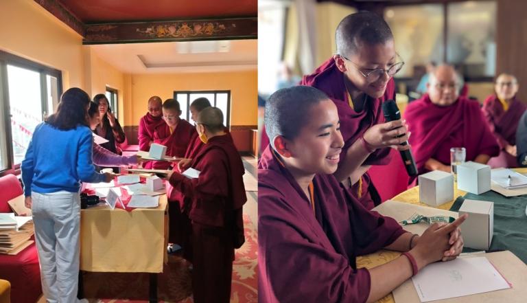 Two photos show Buddhist nuns in maroon robes participating in group activities indoors, with some receiving papers and others engaging with a microphone and phone at a table.